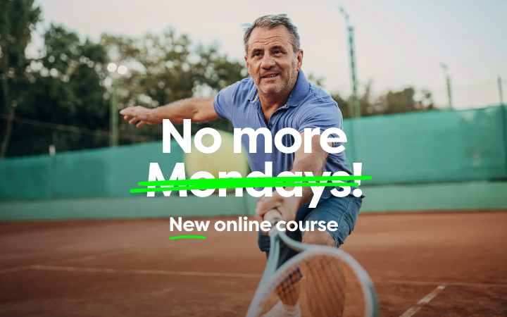A man is playing tennis with white text No more Monodays.
