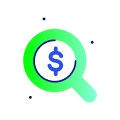 Pictogram of  green magnifying glass with dollar sign