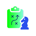 Pictogram of a green clipboard with checkmarks and arrows next to a blue chess knight piece.