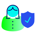 Pictogram of a lady with a shield that has a tick in the middle