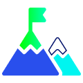 Pictograms of two mountains with a green flag on top one of them. 